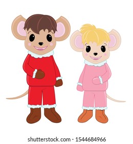 Mouse boy and mouse girl in Christmas costumes. Symbol of 2020.