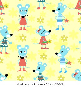 Mouse boys and girls with flowers. Vector pattern with animal characters mice on a light background. For textile, fabric, background, wrapping paper.