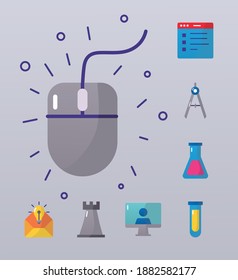 mouse with bundle of back to school set icons vector illustration design