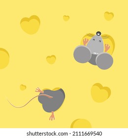 The mouse burrowed into a large piece of cheese. Cheese with holes in the form of hearts from which the butt of the mouse sticks out. 