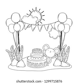 mouse with cake and balloons helium in the field