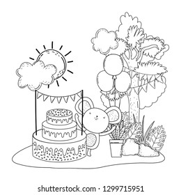 mouse with cake and balloons helium in the field