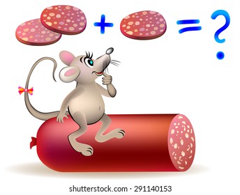 Mouse calculating the slices of sausage, vector cartoon image.