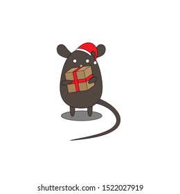 Mouse in a cap and with a gift. New Year 2020. Symbol of the year. Vector illustration.