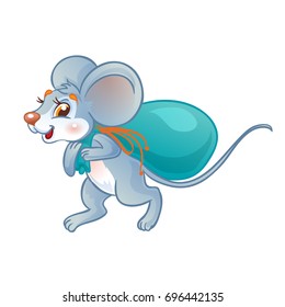 Mouse carries a bag of food. Isolated on a white background 