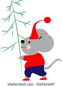 Mouse carrying a Christmas tree.