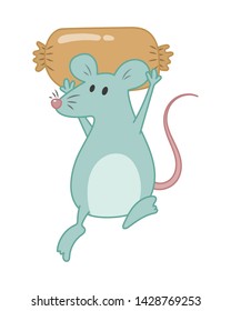 A mouse carrying hot dog vector illustration cartoon. A mouse holding hot dog cartoon. Cute little mouse pastel cartoon. 