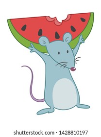 A mouse carrying a piece of watermelon vector illustration cartoon. A mouse holding watermelon cartoon. Cute little mouse pastel cartoon. 