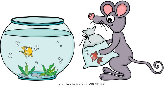 Mouse carrying red fish in the bag to the aquarium