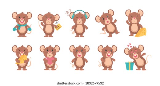 Mouse cartoon animal, little rodent adorable, happy cheerful mascot vector illustration. Funny little grey mouse collection. Set of cute mice on white background. Little rat with food, character.