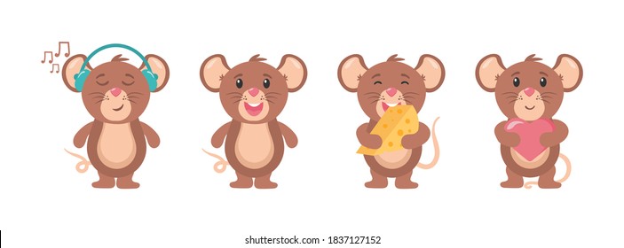 Mouse cartoon animal, little rodent adorable, happy cheerful mascot vector illustration. Funny little grey mouse collection. Set of cute mice on white background. Little rat with food, character.