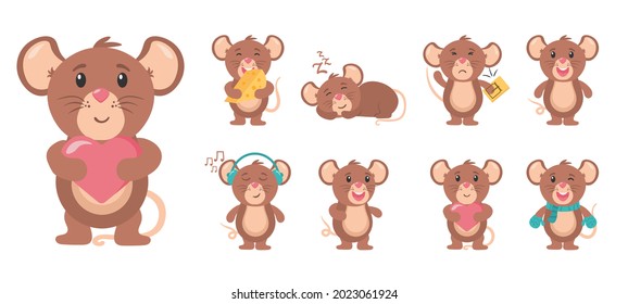 Mouse cartoon animal, little rodent adorable, happy cheerful mascot vector illustration. Funny little grey mouse collection. Set of cute mice on white background. Little rat with food, character.