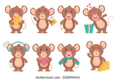 Mouse cartoon animal, little rodent adorable, happy cheerful mascot vector illustration. Funny little grey mouse collection. Set of cute mice on white background. Little rat with food, character.