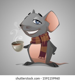 Mouse cartoon character with a cup of coffee. Vector drawing, illustration.