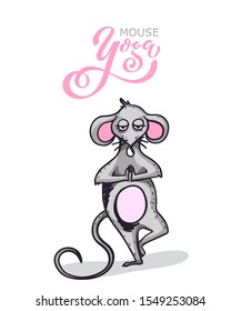 Уoga mouse. Cartoon character practicing yoga mouse. character set. Positive rat. Illustration for a car or clothes. Vector illustration.