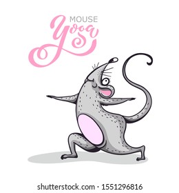 Уoga mouse. Cartoon character practicing yoga mouse. character set. Positive rat. Illustration for a car or clothes. Vector illustration.