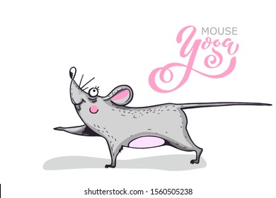 Уoga mouse. Cartoon character practicing yoga mouse. character set. Positive rat. Illustration for a car or clothes. Vector illustration.