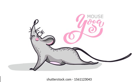 Уoga mouse. Cartoon character practicing yoga mouse. character set. Positive rat. Illustration for a car or clothes. Vector illustration.