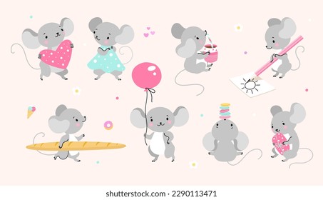 Mouse cartoon characters. Cute mice stylized, rats in different poses. Isolated childish animals creatures, funny comic rat playing nowaday vector clipart