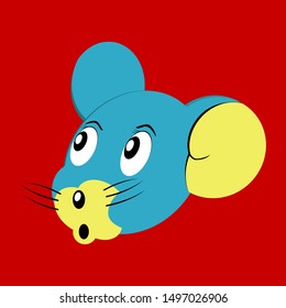 A mouse cartoon face on a red background.