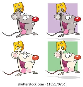 Mouse Cartoon Mascot Character Running With Cheese. Vector Collection Isolated On White Background