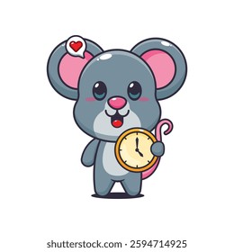 Mouse cartoon vector illustration with clock
Design element for poster, brochure, web, mascot, sticker, logo and icon.