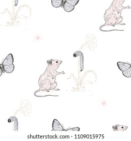 Mouse, Caterpillar and Butterfly seamless pattern. Hand drawn illustration.