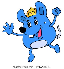 The mouse celebrates the Chinese New Year jumping with a happy face, doodle draw kawaii. vector illustration art