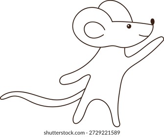 Personaje de ratón con oreja grande, cola larga y pata levantada dibujada en líneas de contorno limpias. Símbolo de amistad, saludo, tema infantil y positividad. Ilustración vectorial de dibujos animados.