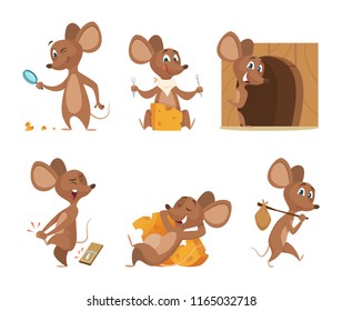 Mouse Character. Funny Cartoon Mice. Vector Clipart Isolated On White. Illustration Of Mouse Mascot, Animal And Mousetrap