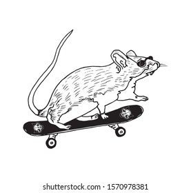 Mouse  character in sunglasseson skateboard, hand drawn doodle, sketch in vintage gravure style, vector illustration
