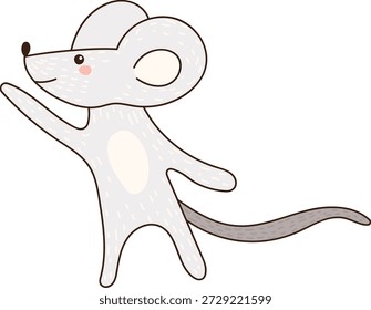 Personaje de ratón que agita con cola larga, oreja redonda, mejilla ruborizada y textura de piel punteada. Símbolo de amabilidad, saludo, bienvenida y mascota infantil. Ilustración vectorial de dibujos animados.