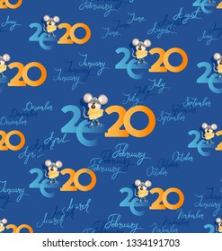Mouse with cheese. 2020 with months. Seamless pattern with funny character. Design for textiles, New Year holiday packages.