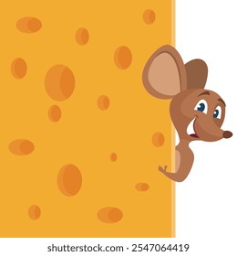 Ratón y queso. fondo de dibujos animados de textura de queso con puntos y ratón de sonrisa divertida