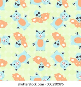 Mouse and cheese. Cat. Seamless. Children. Background, texture, wallpaper
