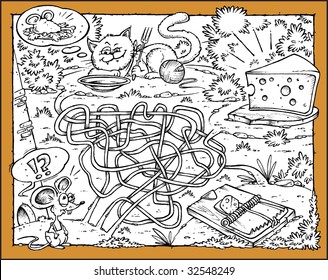 Mouse, Cheese, Cat and Trap - Labyrinth black & white
