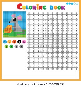 Mouse with cheese. Color by numbers. Coloring book for kids. Colorful Puzzle Game for Children with answer.