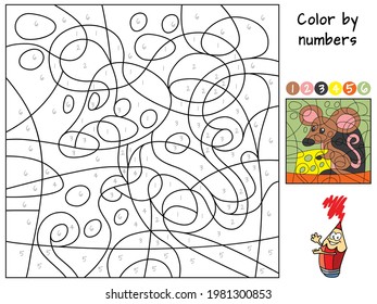 Mouse with cheese. Color by numbers. Coloring book. Educational puzzle game for children. Cartoon vector illustration
