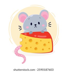 Mouse and cheese. Cute cartoon vector illustration