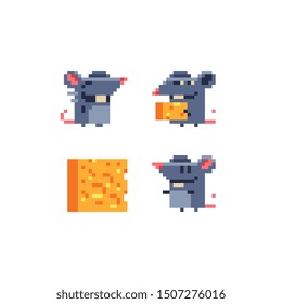 Mouse and cheese Happy New Year 2020. Pixel art icon. Rat eats a piece of cheese. Design for logo, sticker and mobile app. Isolated vector illustration.