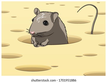 A mouse in a cheese hole. Vector illustration
