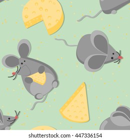 mouse and cheese. illustration of cartoon. seamless pattern