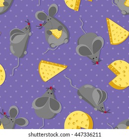 mouse and cheese. illustration of cartoon. seamless pattern