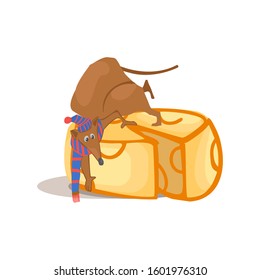 Mouse and cheese illustration. The mouse climbed on a piece of cheese