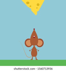 Mouse with cheese, illustration, vector on white background.