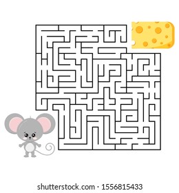 Mouse and cheese maze game for kids education isolated on white. Help cute grey rat to find right road to delicious piece of cheese in labyrinth. Vector illustration in cartoon style. Flat design. 