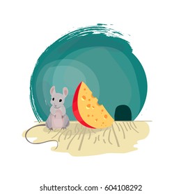 Mouse with cheese near hole cartoon vector illustration 