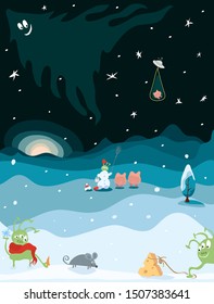 mouse, cheese, pigs, a snowman and funny green aliens in winter. New Year adventure on a small planet earth