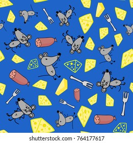 Mouse with cheese and sausage,forks, seamless pattern for textiles, Wallpaper, holiday, baby on blue background