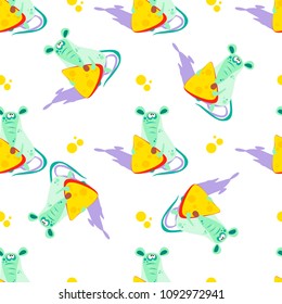 Mouse with cheese. Seamless pattern. Cartoon-style. Vector